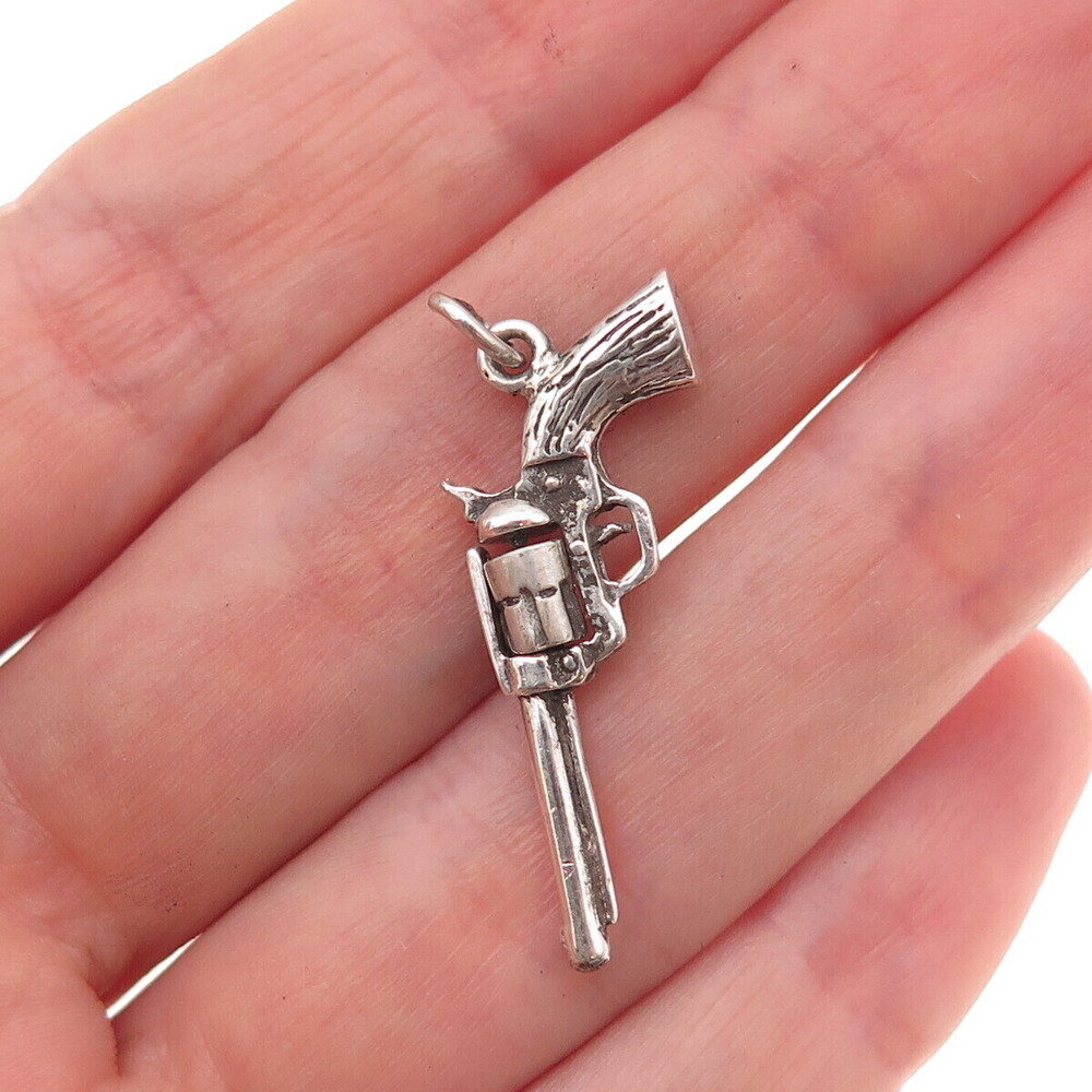 925 Sterling Silver Vintage Revolver Oxidized 3D Charm Pendant